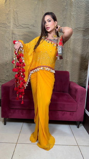 Mustard yellow ready-to-drape saree with designer embellished cape for women, perfect for Haldi and wedding functions.