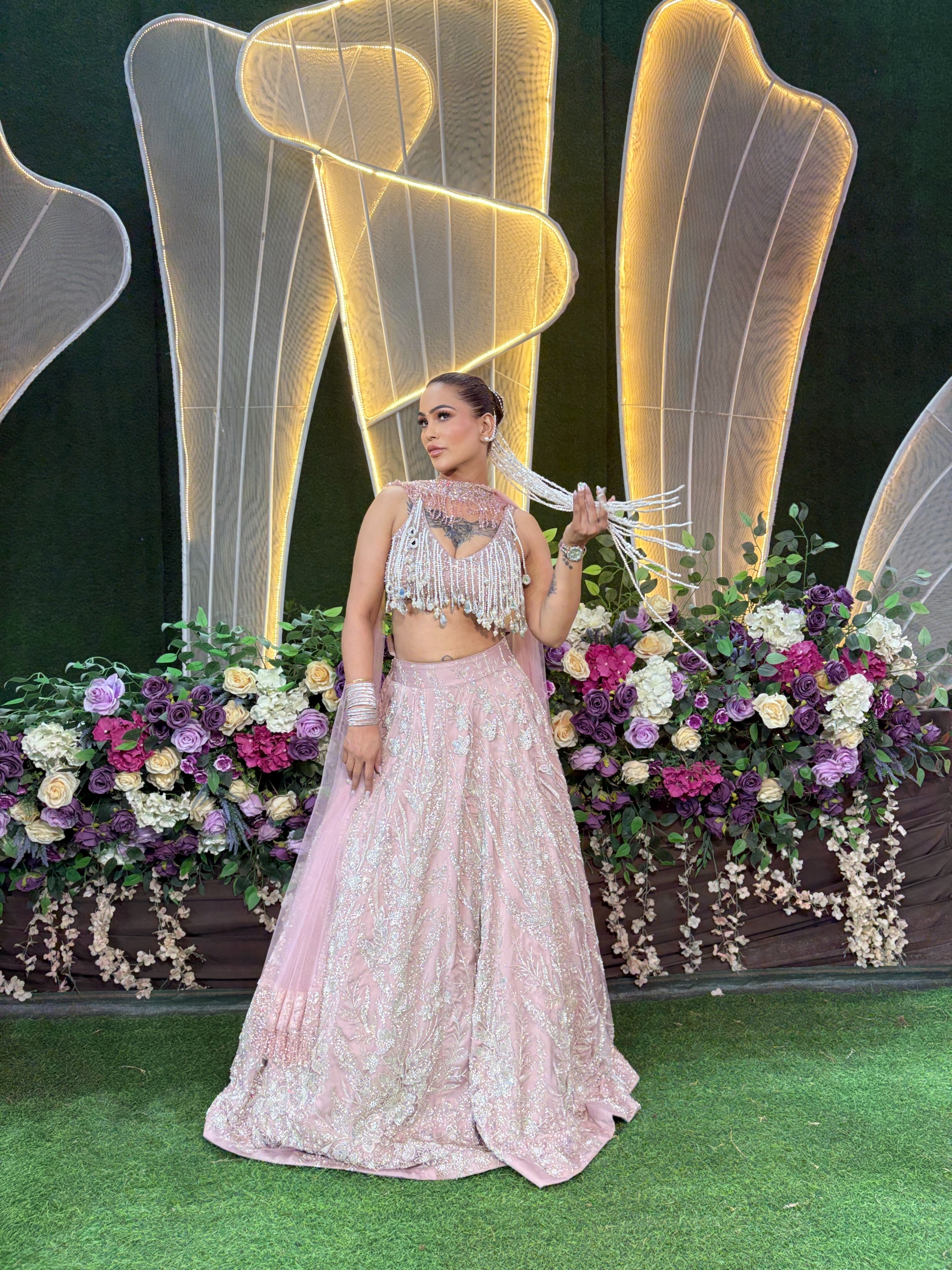 Rosé Pearl Embroidered Net Lehenga