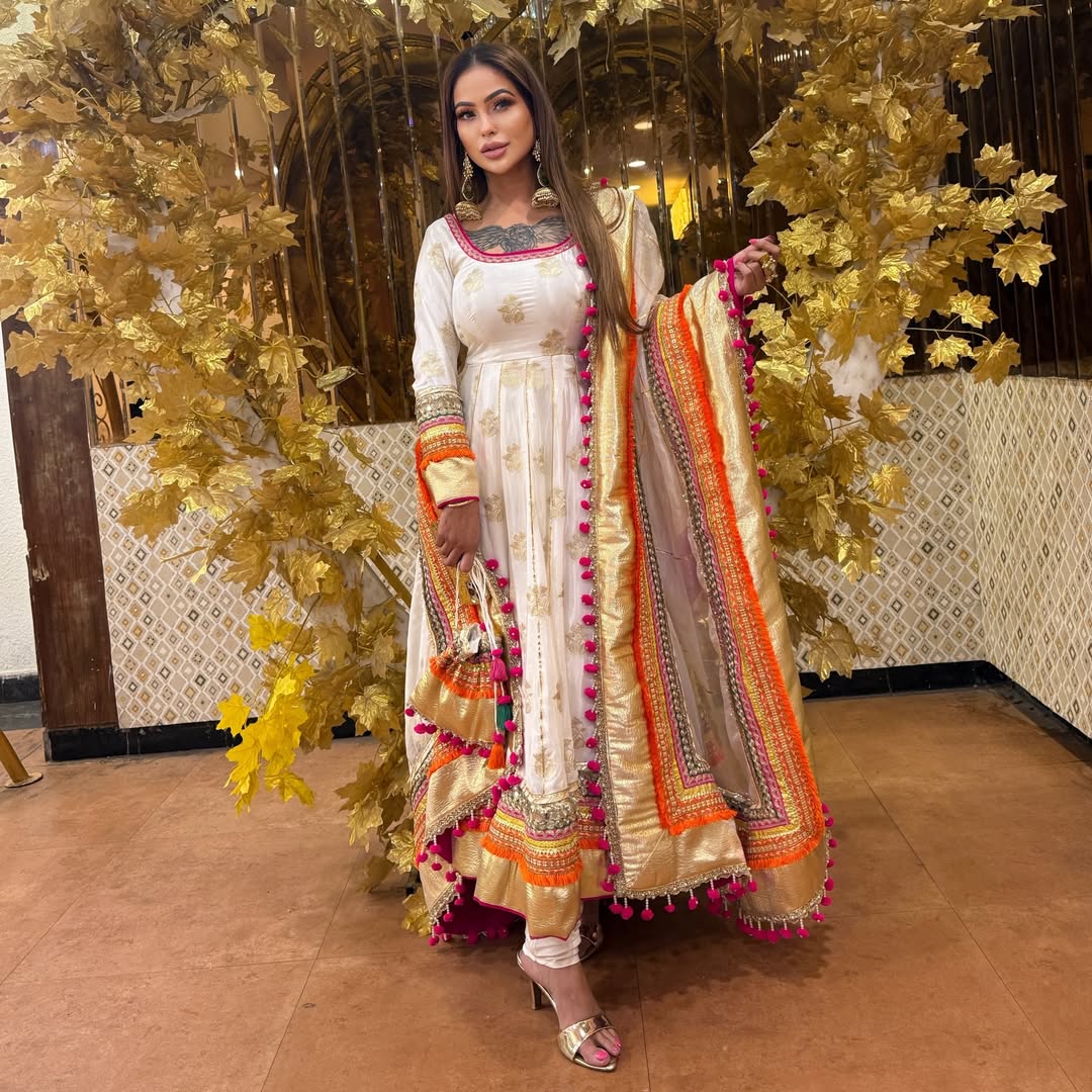 Ivory Gold Woven Banarasi Anarkali Suit Set with Dupatta