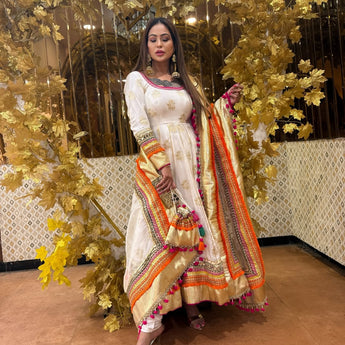 Ivory Gold Woven Banarasi Anarkali Suit Set with Dupatta